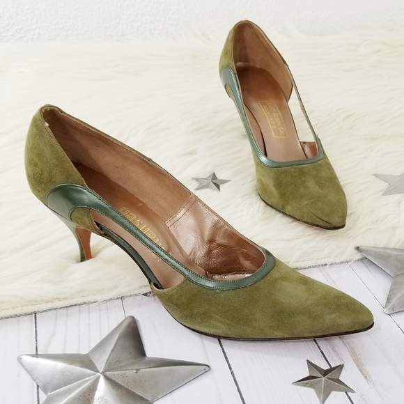 green suede kitten heels